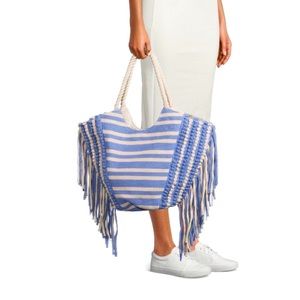 Pom fringe striped woven tote beach bag rope handles blue beige